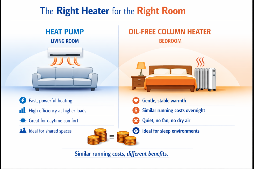 Oil-Free heater for the bedroom Airconditioner for the lounge